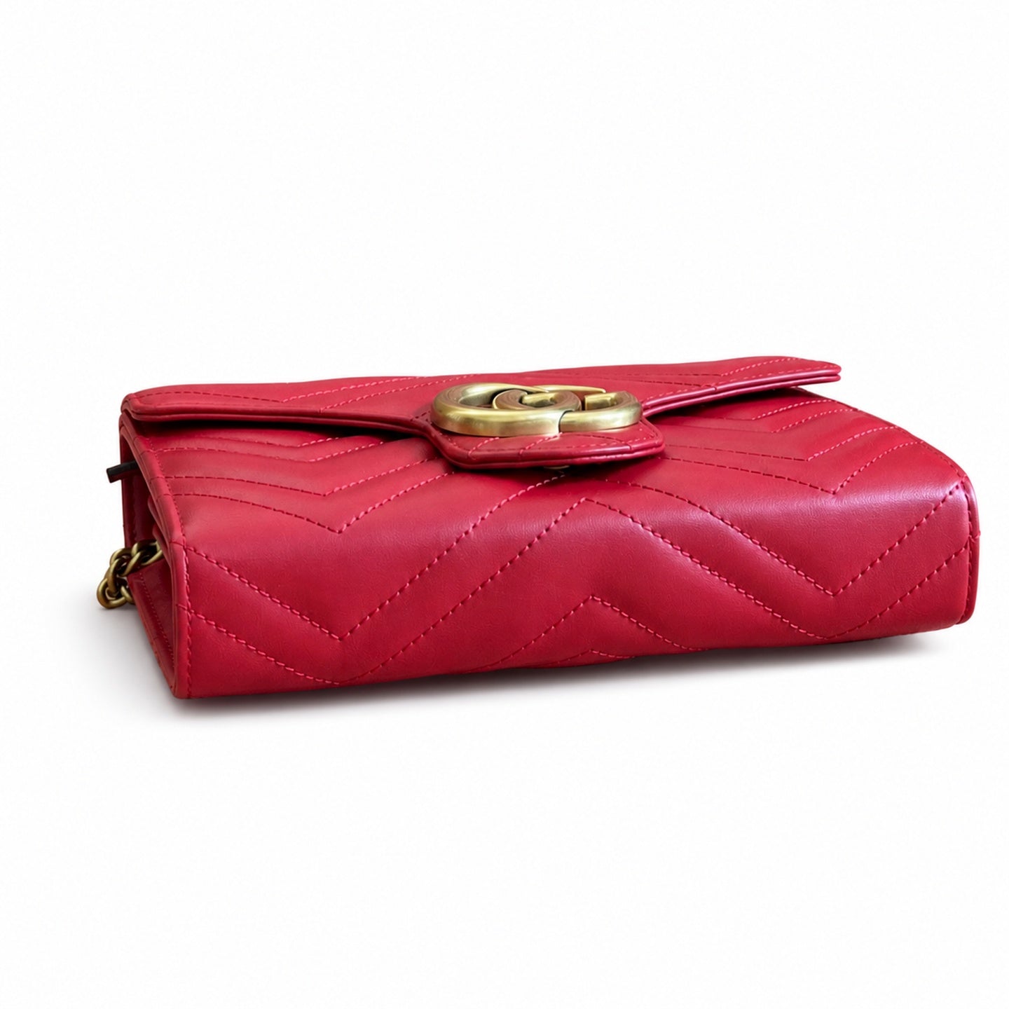 Gucci GG Marmont Mini Quilted Matelasse Leather Beige Red Handbag