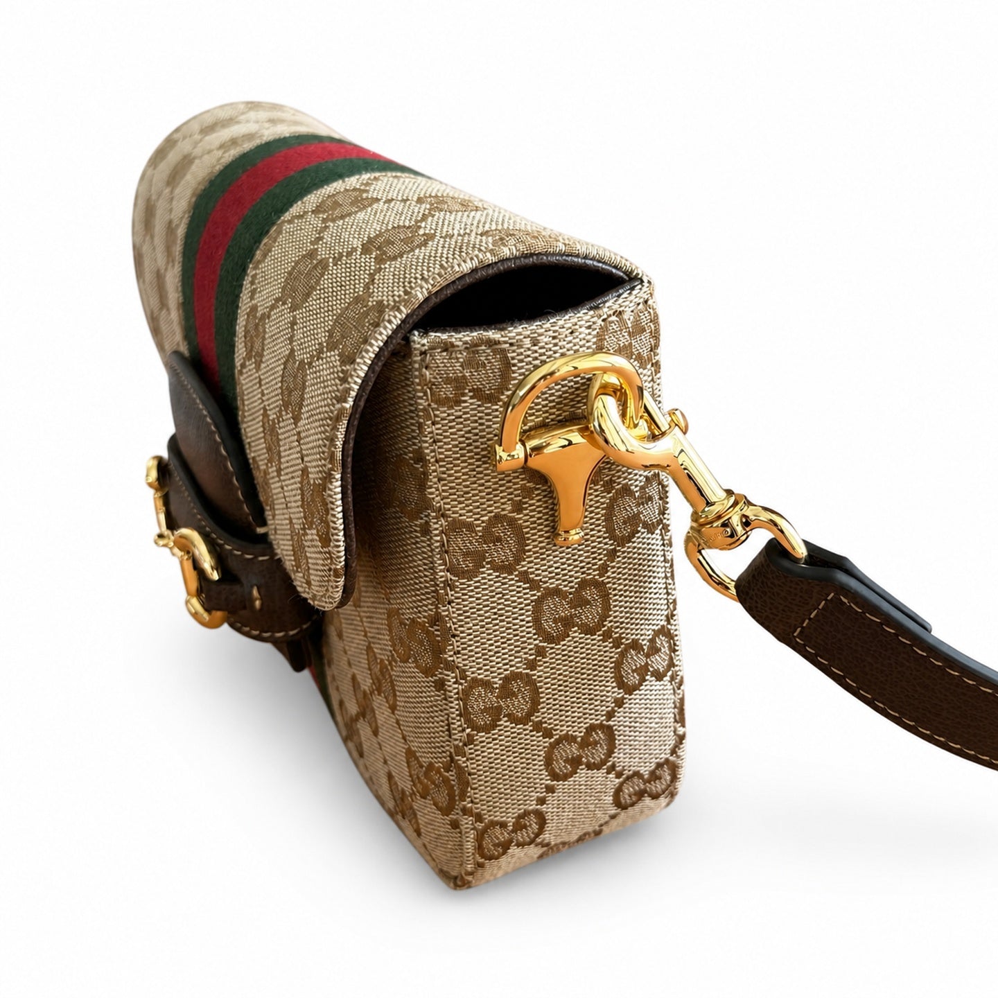 Gucci Horsebit 1955 Canvas Leather Beige Brown Gold Bag