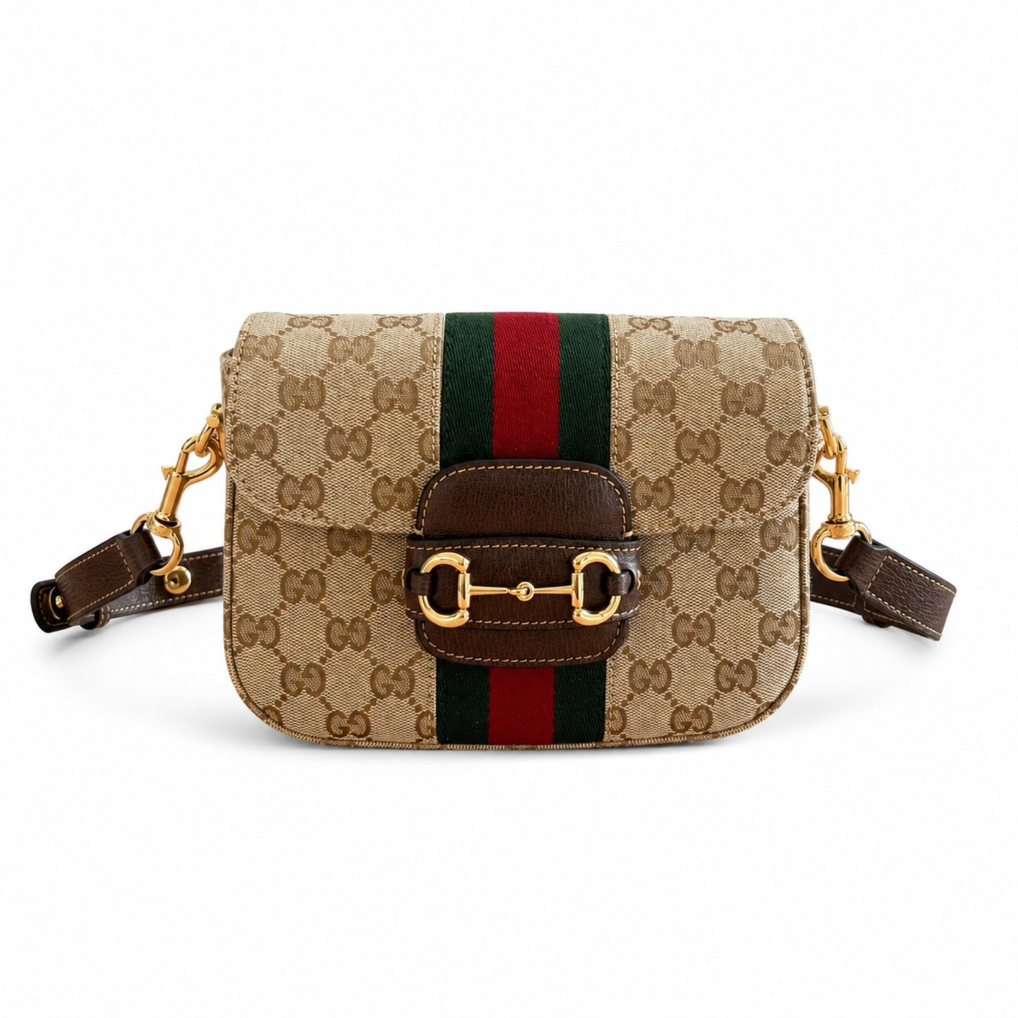Gucci Horsebit 1955 Canvas Leather Beige Brown Gold Bag