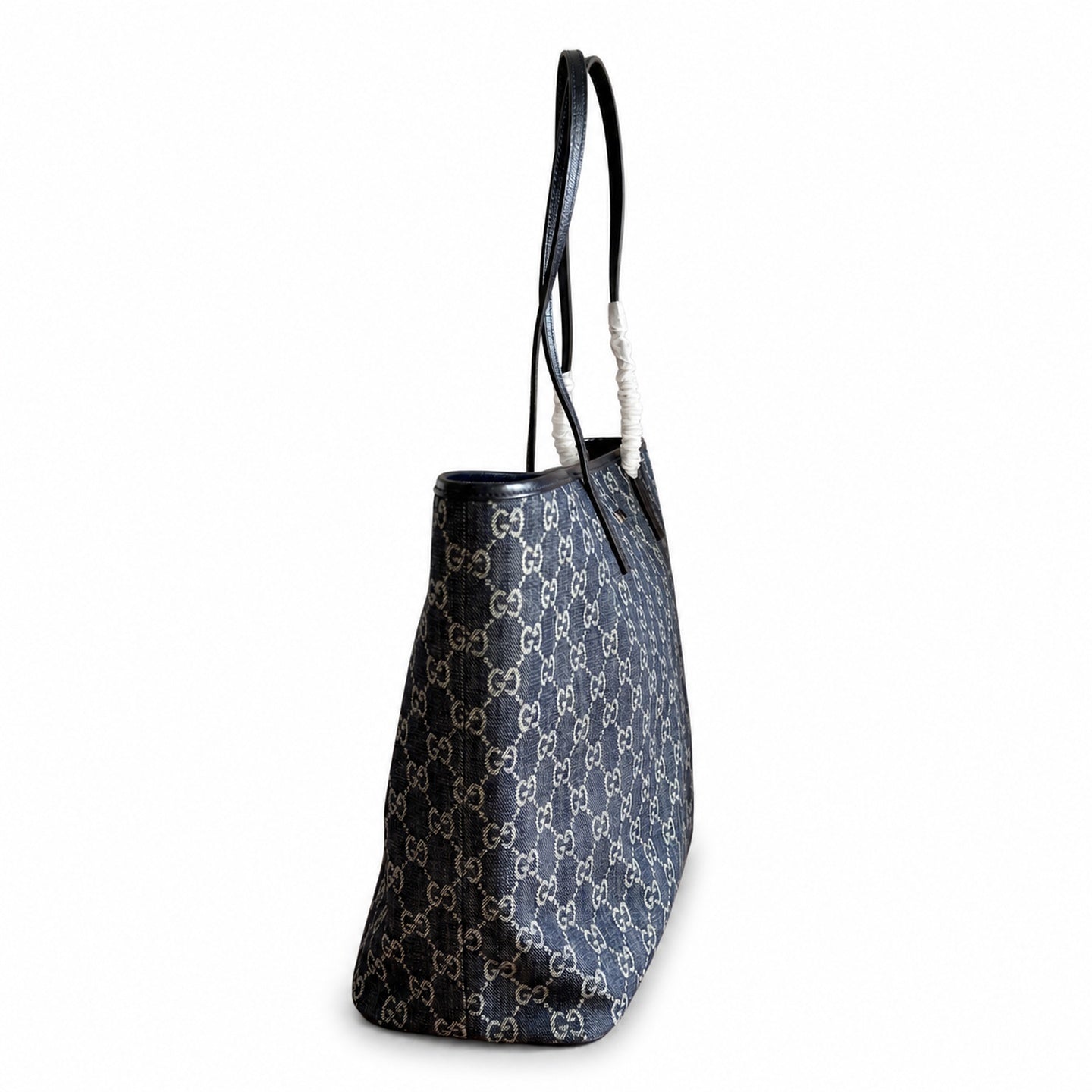Gucci Cotton Denim Canvas Leather Brown Blue Gold Tote Bag