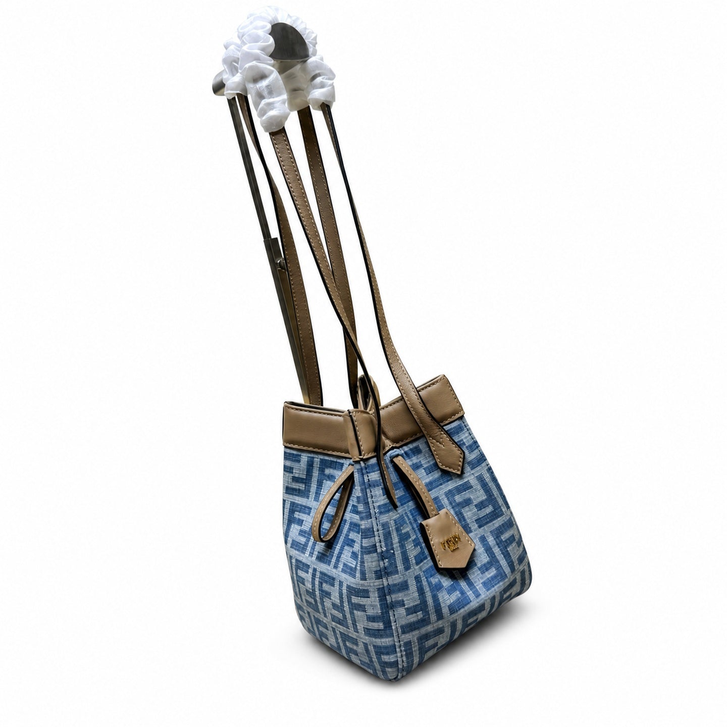 Fendi Origami Medium Denim Leather Beige Blue Gold Bag