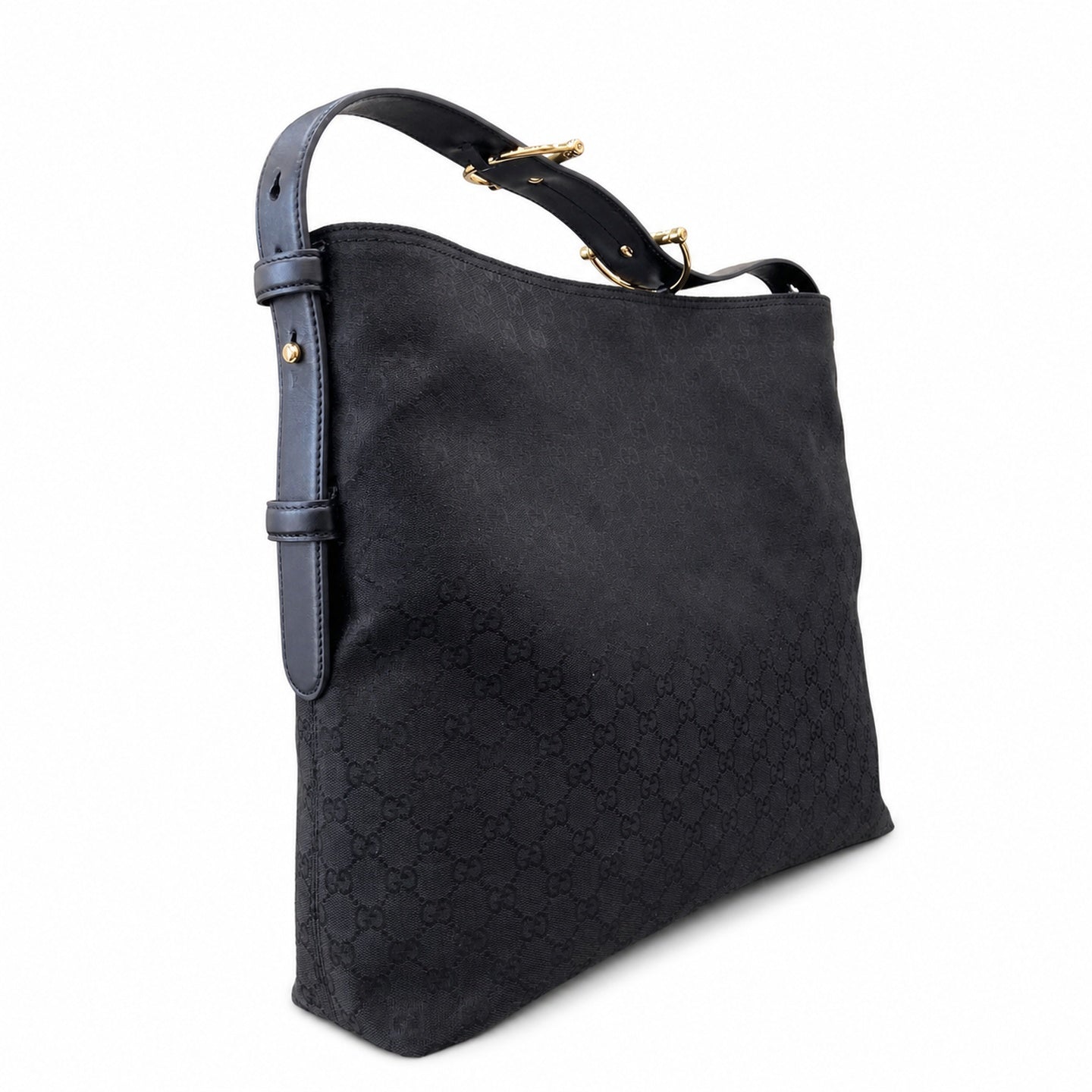 Gucci Horsebit Cotton Canvas Leather Black Beige Gold Handbag